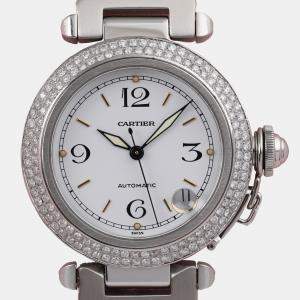 Cartier Customised White Diamond Stainless Steel Pasha 2324 Automatic Women's Wristwatch 35mm