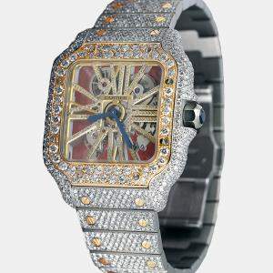 Cartier Customised Blue 32.00CT Diamond 18K Yellow Gold Stainless Steel Santos de Cartier 9611 Manual Winding Men's Wristwatch 39.8MM