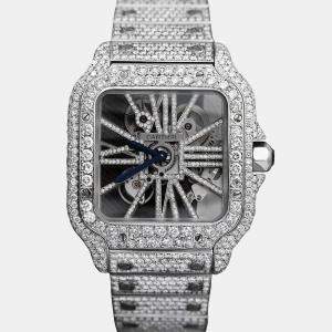 Cartier Customised Blue 32.00CT Diamond Stainless Steel Santos de Cartier 9611 Manual Winding Men's Wristwatch 39.8MM