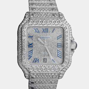 Cartier Customised Blue 25CT Diamond Stainless Steel Santos de Cartier WSSA0018 Automatic Men's Wristwatch 39.50 MM