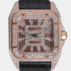 Cartier Customised Brown 12.00CT Diamond 18K Rose Gold Santos 100 2879 Automatic Women's Wristwatch 33mm