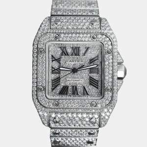 Cartier Customised Silver 29.00CT Diamond Stainless Steel Santos 100 W20073X8 Automatic Men's Wristwatch 41 MM