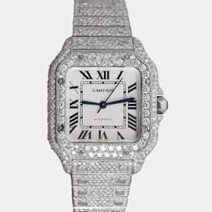 Cartier Customised White Diamond Stainless Steel Santos de Cartier WSSA0029 Automatic Women's Wristwatch 35.1 mm