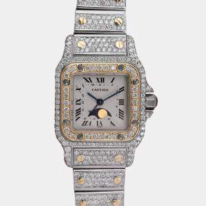 Cartier Customised White Diamond 18K Yellow Gold Santos Galbee 119902 Quartz Women's Wristwatch 24mm