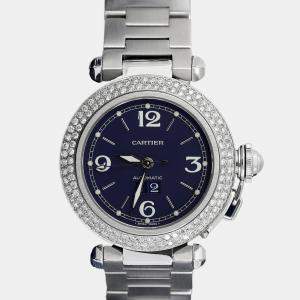 Cartier Customised Blue Diamond Stainless Steel Pasha 2475 Automatic Women's Wristwatch 35mm