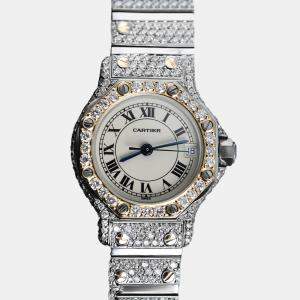 Cartier Customised White Diamond 18K Yellow Gold Santos Octagon 187902 Quartz Women's Wristwatch 24 MM