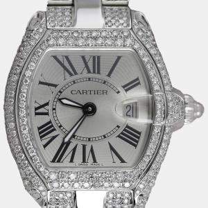 Cartier Customised Silver Diamond Stainless Steel Roadster W62016V3 Quartz Women's Wristwatch 30 mm