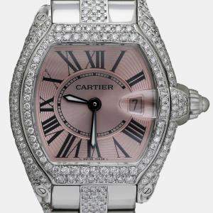 Cartier Customised Pink Diamond Stainless Steel Roadster W62016V3 Quartz Women's Wristwatch 36
mm
