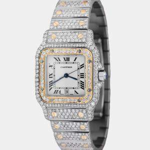 Cartier Customised White Diamond 18K Yellow Gold Santos W20012C4 Quartz Women's Wristwatch 24 MM