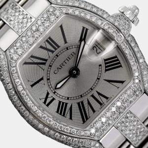 Cartier Customised Silver Diamond Stainless Steel Roadster W62016V3 Quartz Women's Wristwatch 30 mm