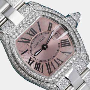 Cartier Customised Pink Diamond Stainless Steel Roadster W62016V3 Quartz Women's Wristwatch 36 mm
