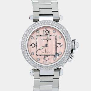 Cartier Customised Blue Diamond Stainless Steel Pasha 2324 Automatic Women's Wristwatch 35mm
