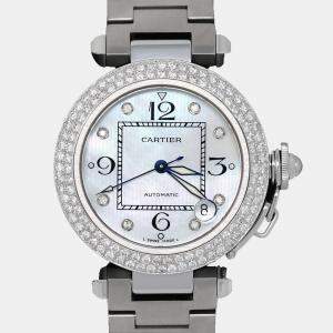Cartier Customised Blue MOP Diamond Stainless Steel Pasha 2324 Automatic Women's Wristwatch 35mm