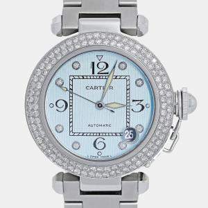 Cartier Customised Blue Diamond Stainless Steel Pasha 2324 Automatic Women's Wristwatch 35mm