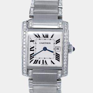 Cartier Customised Blue Diamond Stainless Steel Tank Francaise 2465 Quartz Women's Wristwatch 25MM