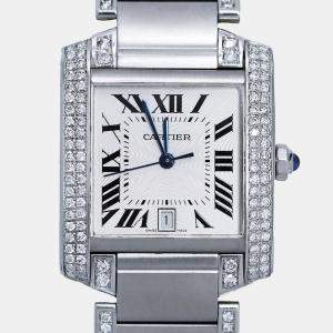 Cartier Customised Blue Diamond Stainless Steel Tank Francaise  Automatic Women's Wristwatch 32 MM