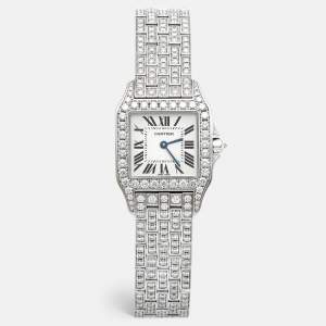 Cartier Silver 18k White Gold Diamond Santos Demoiselle WF9010YA Women's Wristwatch 26 mm