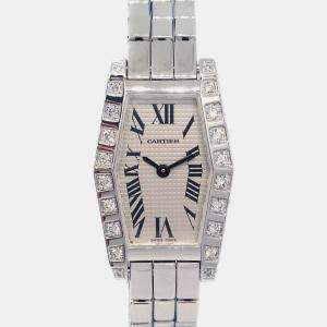 Cartier Silver 18k White Gold Diamond Laniere Tonneau Quartz Women's Wristwatch 18 mm