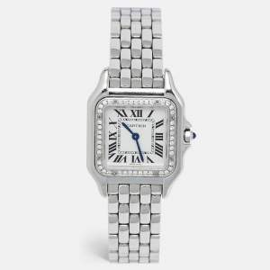 Pre Owned Cartier Silver Stainless Steel Diamond Panthere De Cartier W4PN0008 Women's Wristwatch 29 mm