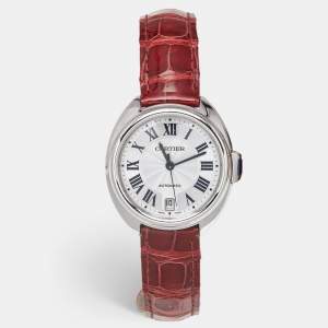 Cartier Silver Stainless Steel Alligator Leather Cle De Cartier WSCL0017 Women's Wristwatch 35 mm