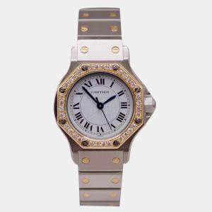 Cartier White Customised Diamond 18k Yellow Gold Stainless Steel Santos Octagon Automatic Women's Wristwatch 25 mm