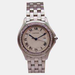 Cartier White Customised Diamond Stainless Steel Cougar Quartz Women's Wristwatch 33 mm