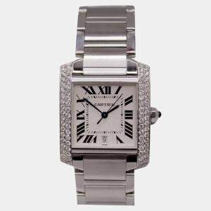 Cartier White Customised 1.40ct Diamond Stainless Steel Tank Francaise Automatic Women's Wristwatch 28 mm