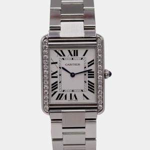 Cartier White Customised 0.75ct Diamond Stainless Steel Tank Solo Quartz Women's Wristwatch 27 mm