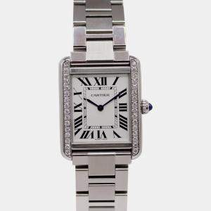 Cartier White Customised 0.50ct Diamond Stainless Steel Tank Solo Quartz Women's Wristwatch 24 mm