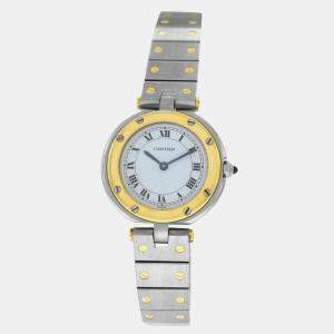 Cartier White 18k Yellow Gold Stainless Steel Santos Ronde 8191 Quartz Women's Wristwatch 27 mm