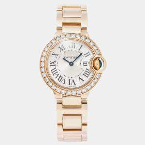 Cartier Silver 18K Rose Gold Diamonds Ballon Bleu WJBB0015 Quartz Women's Wristwatch 28mm