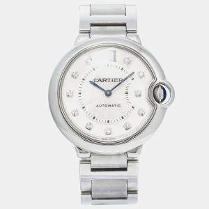 Cartier Silver Diamonds Stainless Steel Ballon Bleu WE902075 Automatic Women's Wristwatch 36mm