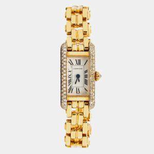 Cartier Tank Allongee W15007K3 Automatic White 18k Yellow Gold Diamond Women's Wristwatch 14x28mm