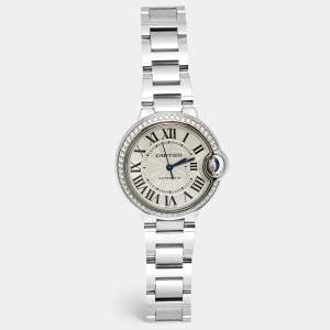 Pre Owned Cartier Ballon Bleu W4BB0016 Silver Dial Diamond Stainless Steel Women's Wristwatch 33 mm