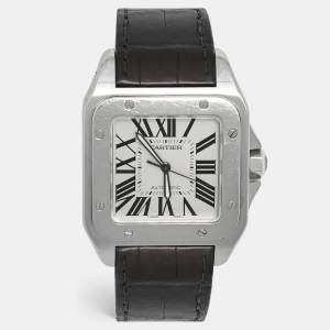 Pre Owned Cartier Santos 100 W20073X8 Silver Dial Stainless Steel Alligator Leather Men's Wristwatch 38 mm