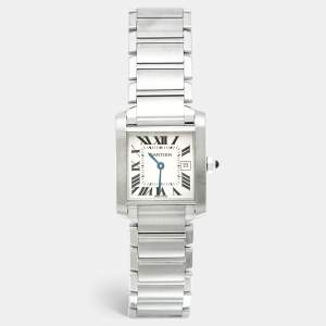 Pre Owned Cartier Tank Francaise W51011Q3 Silver White Dial Stainless Steel Women's Wriswatch 25 mm