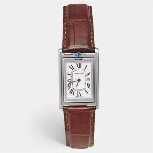 مملوكة مسبقًا Cartier Tank Basculante W1014458 Silver Dial Stainless Steel Alligator Leather Women's Wristwatch 25.40 mm