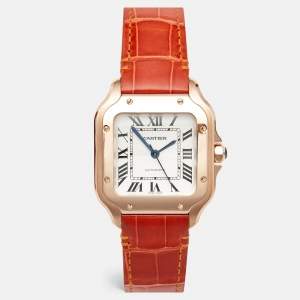 Pre Owned Cartier Santos De Cartier WGSA0012 Silver Opaline Dial 18K Rose Gold Women's Wristwatch 35.1 mm