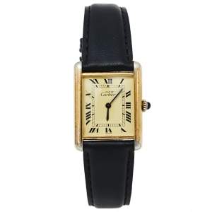 Cartier Vintage Cream Gold Plated Silver Leather Must de Cartier Tank Women's Wristwatch 23 mm