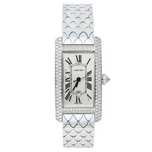 Pre Owned ساعة يد نسائية كارتييه تانك امريكان 2490 ذهب أبيض عيار 18 و ألماس فضية 22.50 مم