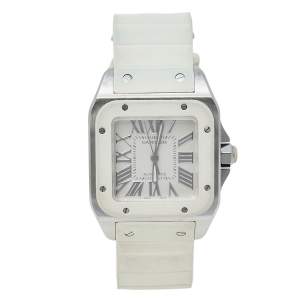 Pre Owned Cartier White Rubber Stainless Steel 2878 Santos 100 Automatic Women's Wristwatch 33 MM