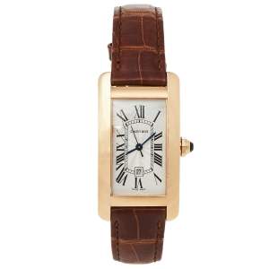 Pre Owned Cartier Silver 18K Rose Gold Leather Tank Americaine W2620030 Women's Wristwatch 22.6 mm