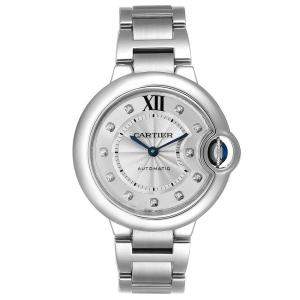 Cartier Silver Diamonds Stainless Steel Ballon Bleu Automatic WE902074 Women's Wristwatch 33 MM