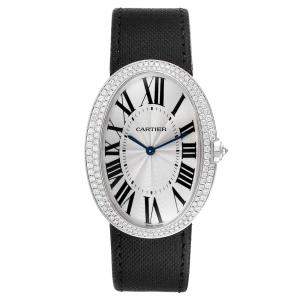 Cartier Silver Diamonds 18K White Gold Baignoire WB520009 Women's Wristwatch 44 x 34 MM