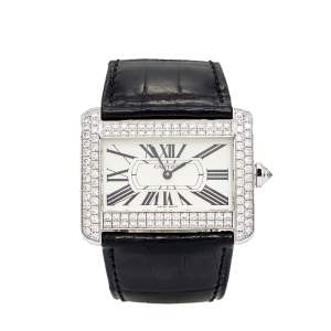 Pre Owned Cartier Cream 18k White Gold Diamond Alligator Tank Divan 2614 Women's Wristwatch 38 mm