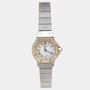 Pre Owned Cartier Cream 18K yellow Gold Stainless Steel Santos de Cartier 187903 Women's Wristwatch 24 mm