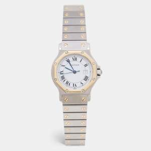 Pre Owned ساعة يد نسائية كارتييه سانتوس روند ستانلس ستيل ذهب أصفر 18 بيضاء 30 مم