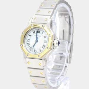 Pre Owned Cartier White 18k Yellow Gold And Stainless Steel Santos Octagon Automatic Women's Wristwatch 24 mm