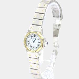 Pre Owned Cartier White 18k Yellow Gold And Stainless Steel Santos Octagon Automatic Women's Wristwatch 24 mm