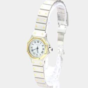 Pre Owned Cartier White 18k Yellow Gold And Stainless Steel Santos Octagon Automatic Women's Wristwatch 24 mm